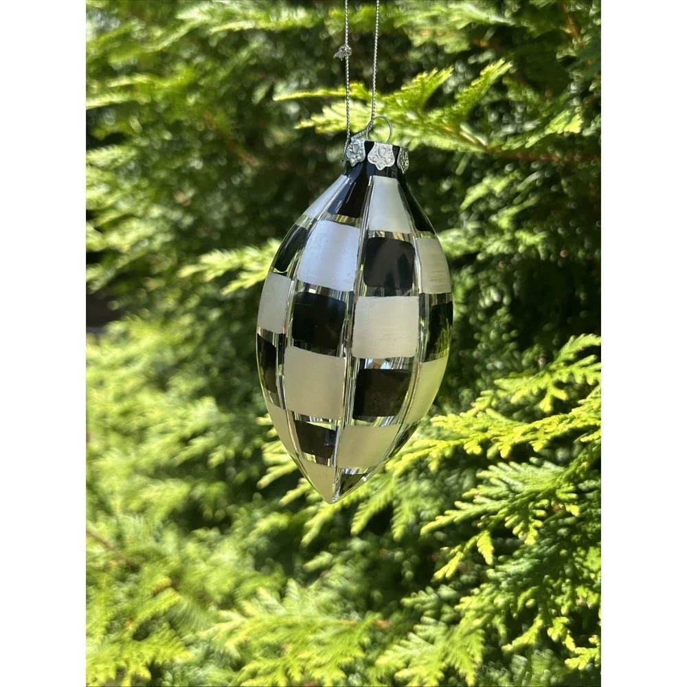 Christmas Ornaments Black White Hand‎ Painted Glass Checkered Large Set Of 7 - Picture 2 of 4
